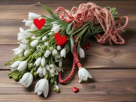 AI generated Bouquet of snowdrops and red white hearts on a wooden background for congratulations, holiday Martisor, Baba Marta spring day photo