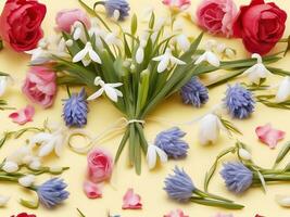 ai generado ramo de flores de campanillas y rojo blanco corazones en un de madera antecedentes para Felicidades, fiesta mártir, baba Marta primavera día foto