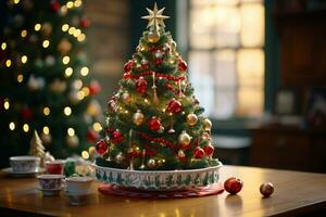 AI generated showcasing a Christmas tree lavishly decorated with festive ornaments photo