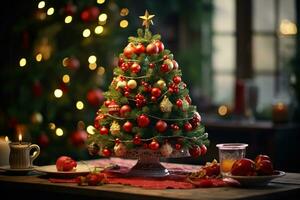 AI generated showcasing a Christmas tree lavishly decorated with festive ornaments photo