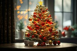 AI generated showcasing a Christmas tree lavishly decorated with festive ornaments photo