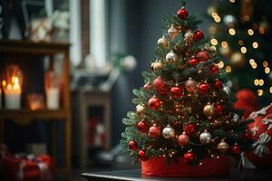 ai generado exhibiendo un Navidad árbol lujosamente decorado con festivo adornos foto