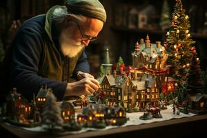 AI generated Christmas decorated village, festive holiday spirit in intricate detail photo