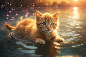 AI generated Little Kitten Gracefully Swimming in a Magical River with Warm Hues of a Setting Sun's Golden Glow photo