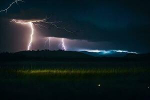 AI generated lightning strikes over a field with grass and trees photo