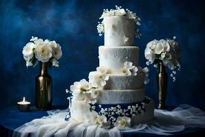 ai generado un Boda pastel con blanco flores y azul tela foto