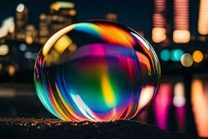 AI generated a colorful glass ball sitting on the ground in front of a city photo