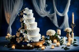 AI generated a wedding cake with white flowers and candles photo