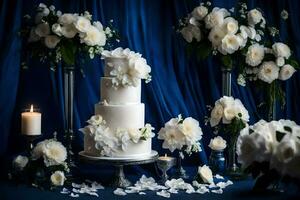 AI generated a white wedding cake with blue flowers photo