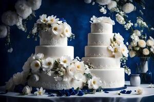 AI generated three tiered wedding cake with white flowers photo