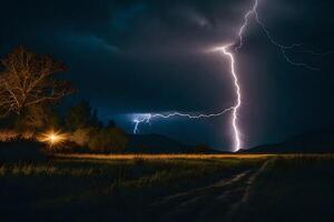 AI generated lightning strikes over a field at night photo