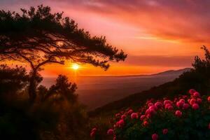 AI generated the sun rises over a beautiful landscape with pink flowers photo