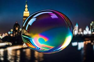 AI generated a colorful soap bubble in front of a city skyline photo