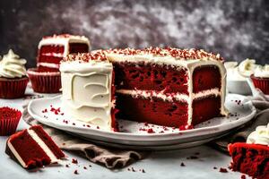 AI generated a piece of red velvet cake with frosting photo