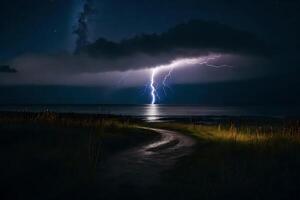 AI generated lightning strikes over the ocean and a path leading to the beach photo