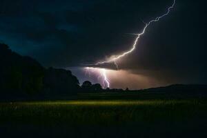 AI generated lightning strikes over a field in the dark photo