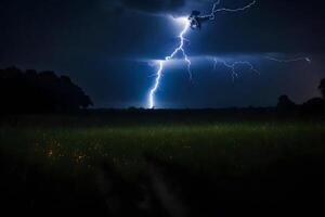 ai generado relámpago huelgas terminado un campo a noche foto