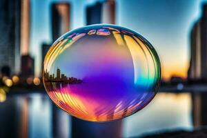 AI generated a colorful bubble with a city in the background photo