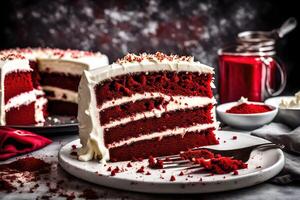 AI generated a slice of red velvet cake on a plate photo