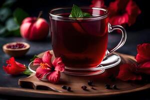 AI generated a cup of tea with red flowers and leaves photo