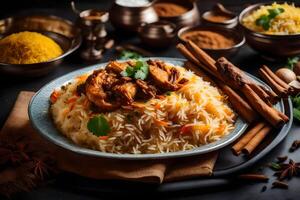 AI generated chicken biryani with rice and spices on a plate photo