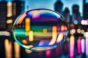 AI generated a colorful bubble with city lights in the background photo