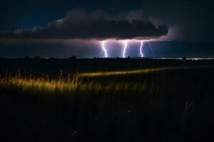 AI generated lightning strikes over a field at night photo