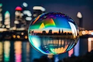 ai generado un vistoso burbuja con un ciudad horizonte reflejado en eso foto