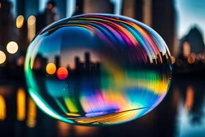 AI generated a colorful bubble with a city skyline in the background photo