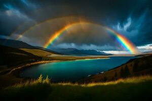 ai generado un arco iris terminado un lago y montañas foto