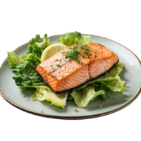 AI generated Grilled salmon with lettuce lemon on a plate isolated on transparent background png