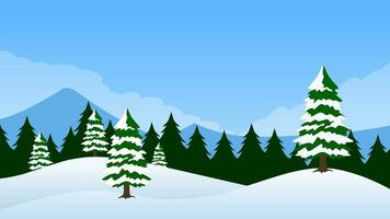 Winter pine forest landscape vector illustration. Scenery of snow covered coniferous in cold season. Snowy pine forest landscape for background, wallpaper or christmas