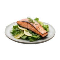 ai généré grillé Saumon avec salade citron sur une assiette isolé sur transparent Contexte png