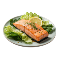 AI generated Grilled salmon with lettuce lemon on a plate isolated on transparent background png