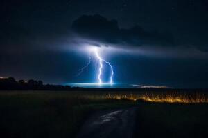 AI generated lightning strikes over a field at night photo