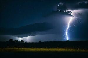 AI generated lightning strikes over a field at night photo