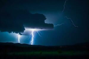 AI generated lightning strikes over a cloud and a mountain range photo