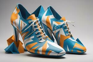 AI generated Women's shoes in blue and orange colors on a gray background. generative ai photo