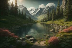 AI generated Beautiful fantasy landscape with a river in the mountains. ai generative photo