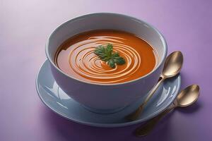 AI generated Tomato soup with cream in a blue bowl on a purple background. generative ai photo