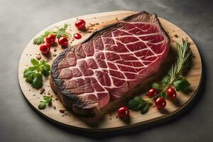 AI generated Raw beef sirloin steak with ingredients for cooking on wooden background. ai generative photo