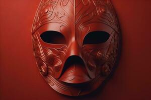 AI generated Close-up view of Venetian mask on red background. generative ai photo