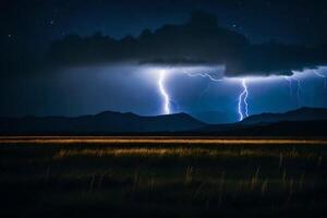 AI generated lightning strikes over a field with mountains in the background photo