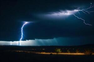 AI generated lightning strikes over a field in the dark photo