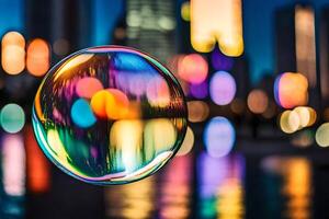 AI generated a colorful bubble floating in front of a city skyline photo