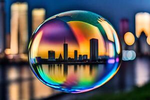 AI generated a colorful bubble with a city skyline in the background photo