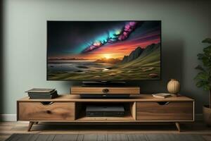 AI generated TV on the wooden cabinet in modern living room. ai generative photo