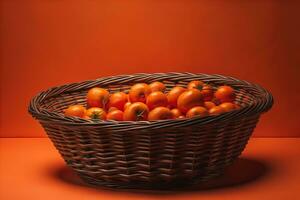 AI generated Basket of ripe tomatoes on an orange background. Toned. ai generative photo