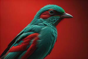 AI generated Colorful bird on red background. Red and green bird on red background. generative ai photo