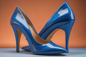 AI generated Blue high heel shoes on a orange background. generative ai photo